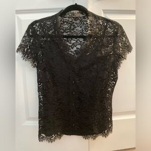Ann Taylor black lace short sleeve blouse with satin cami size 8